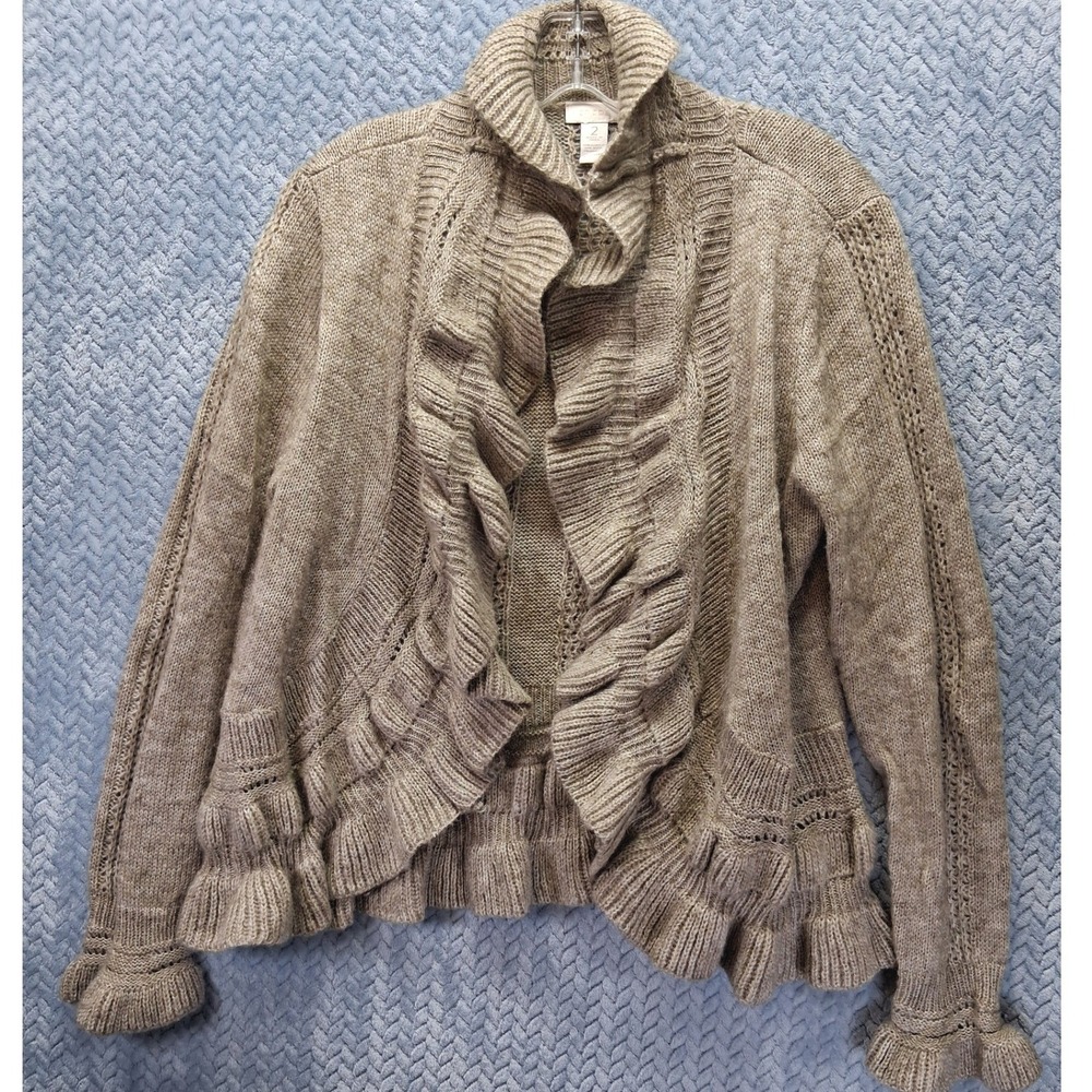 Chicos Ruffle Trim Open Front Cardigan Sweater Taupe Wool Mohair Blend Size 2